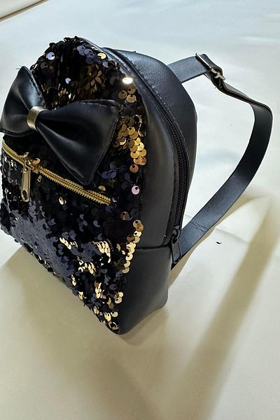 Hobigram Navy Blue Bow Tie Patterned Gold Sequin Children's Bag Backpack Children's Accessory Double-Sided Sequin