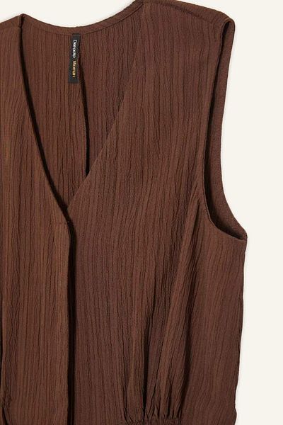 DeFacto New Season V-Neck Seersucker Textured Sleeveless Midi Dress