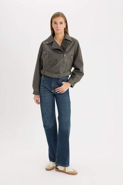DeFacto Water Repellent Double Breasted Collar Zippered Pocket Belted Antique Seasonal Faux Leather Jacket Coat C1135Ax25Sp