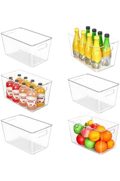 NEXIFY 6 Pack Clear Plastic Storage Bins, Pantry Organizer Containers with Handle for Refrigerator