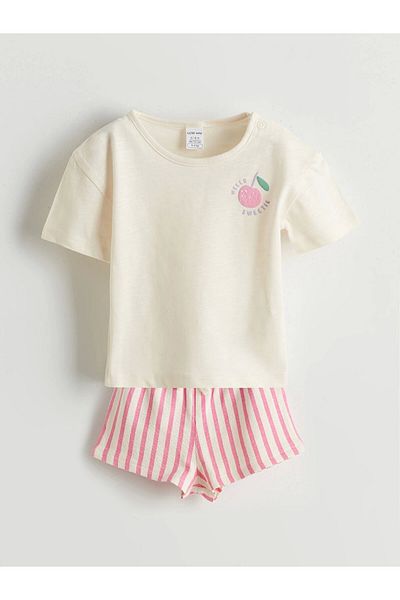 LC Waikiki Lcw Baby Beige Printed Baby Girl T-Shirt and Striped Shorts 2-Pack