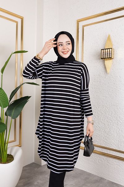 Eliva Women's Black and White Striped Combed Cotton Hijab Tunic