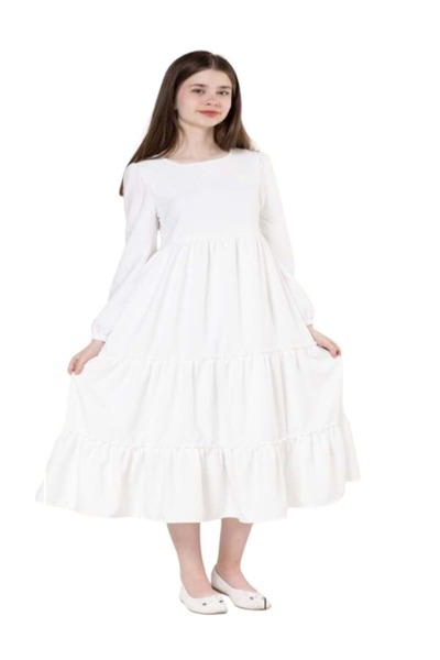 GÜLÜCÜK Gülücük Kids G01641-428 Kız Çocuk Kesme Keten Desenli Elbise - Gülücük - Beyaz-10 Yaş