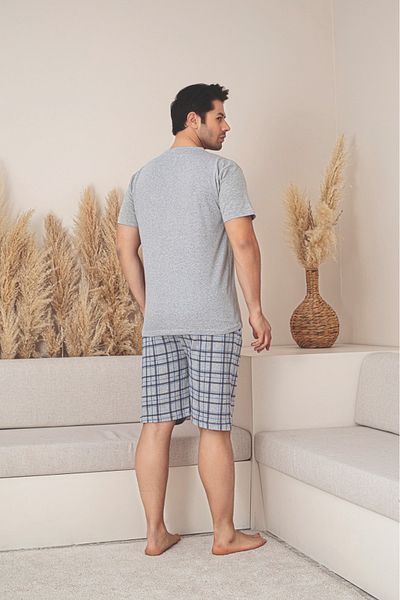 Huq Moda Ανδρικό σορτς Navy Blue κοντομάνικο καρό χτενισμένο βαμβακερό ύφασμα εποχιακό σετ πιτζάμες