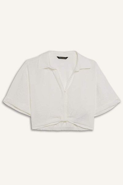 DeFacto New Season Cropped Fit Shirt Collar Linen Look Short Sleeve Blouse