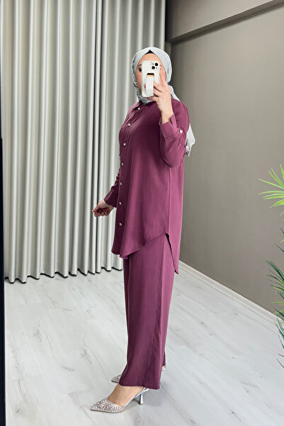 Camelya Fashion Anka Kuşu Taş İşlemeli Organik Kumaş Gömlek Pantolon Tesettür İkili Takım