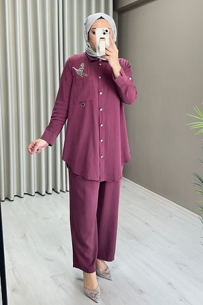 Camelya Fashion Phoenix Stone Embroidered Organic Fabric Shirt Trousers Hijab Double Suit