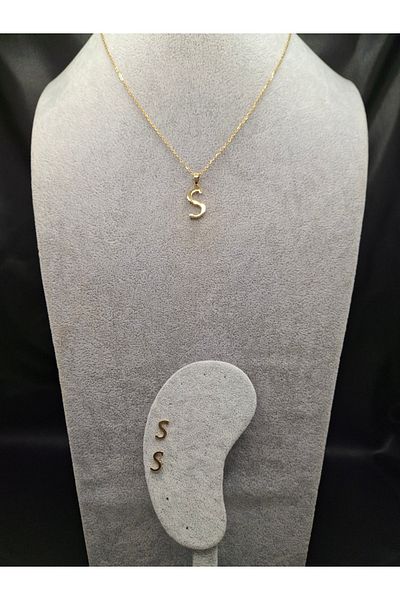 Han Ticarethane Gold Color Steel Letter S Necklace and Earring Set