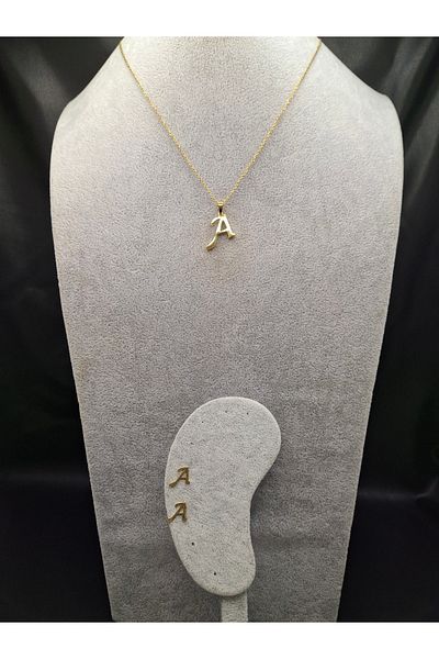 Han Ticarethane Gold Color Steel Letter a Necklace and Earring Set