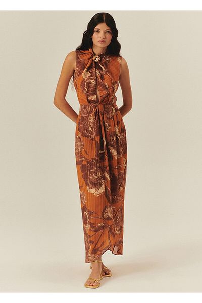 Exquise Patterned Maxi Dress with Pearl Buckle Detail