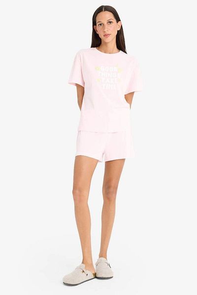 DeFacto Pyjama-Set, kurzärmeliges Oberteil, elastische Shorts mit Taille – Fall In Love F4678ax25sm