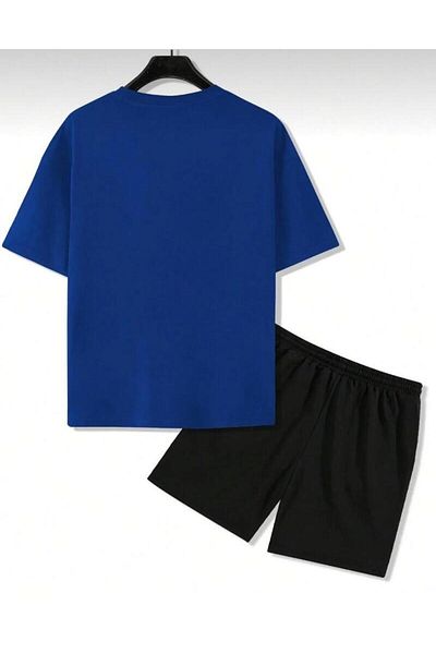 khufu Unprinted Oversize Mold Blue T-Shirt and Black Shorts Two-Piece Set Unisex