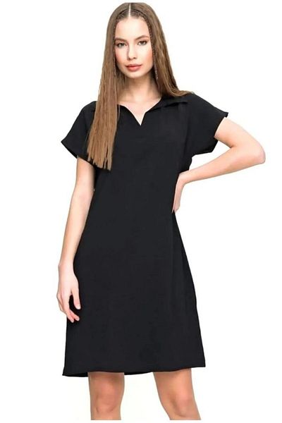 Kentsoylu Women's Wide Cut Polo Neck Short Sleeve Wear Out Short Midi Dress Laptop Black Color 2883253