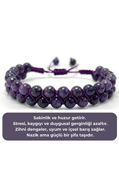 YILDIZ DOĞAL TAŞ SERTİFİKALI Lepidolit Çift Sıra Doğal Taş Makrome Bileklik A...