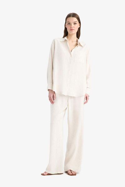 DeFacto New Season Linen Blend Trousers Wide Leg Wide Loose Leg Basic Plain Double Pocket