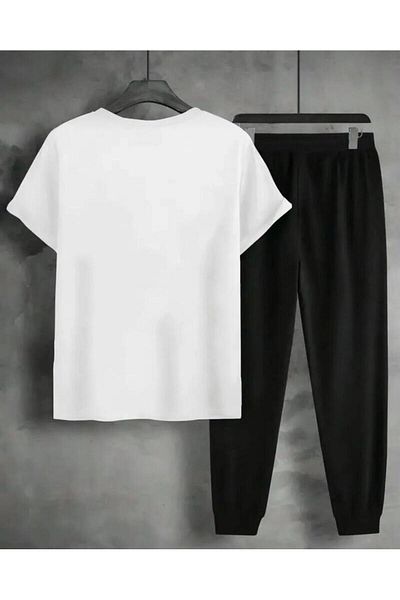 khufu Brooklyn Printed Oversize Fit White T-Shirt and Black Tracksuit Two-Piece Set Unisex