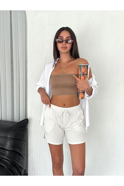 diaves Women's White Slit Linen Blend Elastic Waist Lace up Shorts