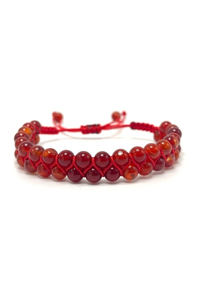 YILDIZ DOĞAL TAŞ SERTİFİKALI Kırmızı Akik Çift Sıra Doğal Taş Makrome Bileklik Ayarlanabilir Ölçü