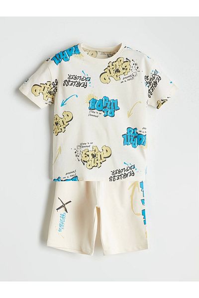 LC Waikiki Lcw Kids Beige Printed Boys T-Shirt and Shorts Pack of 2