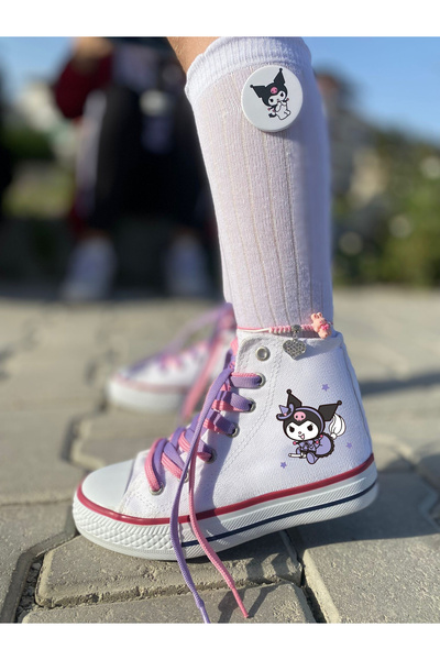 Ymn ayakkabı Kuromi Baskılı, Lila&Pembe Bağcıklı, Beyaz Bilekli Spor Ayakkabı Çocuk Sneaker