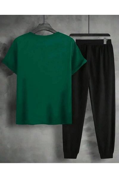 khufu Brooklyn Printed Oversize Fit Green T-Shirt and Black Tracksuit Two-Piece Set Unisex