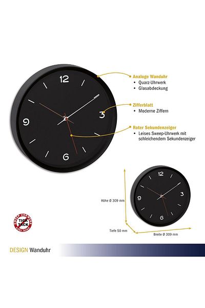 TFA Silent Wall Clock, Analog, Black, Monochrome, Minimalist Design, 60.3056.01