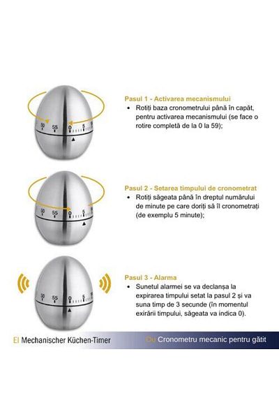 TFA Egg Analog Kitchen Timer, Egg Shape, Stainless Steel, Silver, 38.1026
