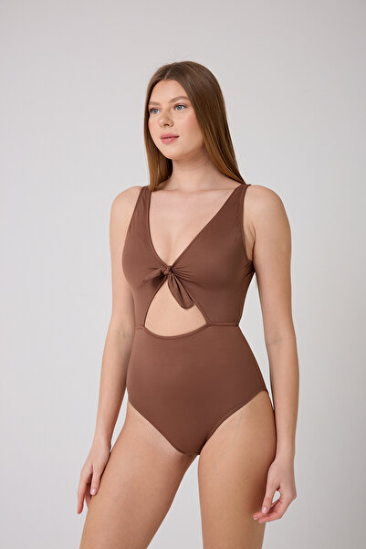 enmodaiçgiyim Kahverengi Kurdele Detaylı Kalın Askılı Kadın Mayo