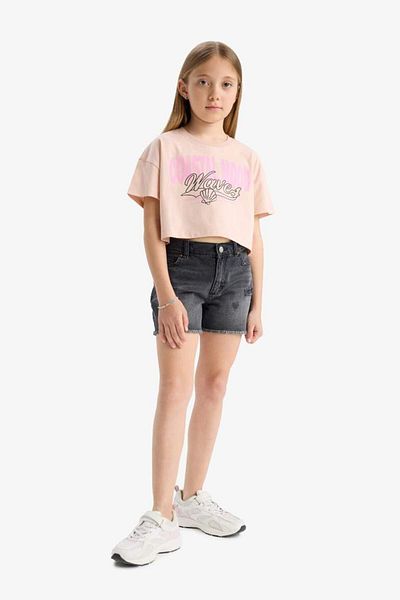 DeFacto Girls' Crop Crew Neck Printed Short Sleeve T-Shirt