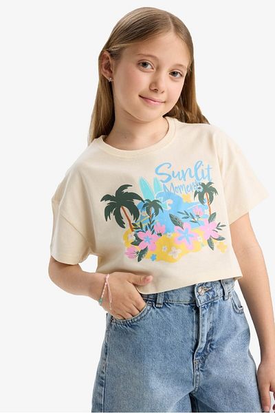 DeFacto Girls' Crop Crew Neck Printed Short Sleeve T-Shirt