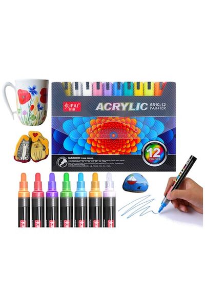 Jupai Set 12 Markere cu vopsea Acrilica JUPAI®, Varf de 4 mm, pentru Sticla, Ceramica, Pietre, Lemn, Plas