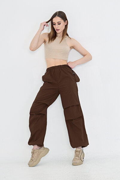 AS Anita Store Brown Parachute Elastic Waist Cargo Pocket Leg Clip-On Trousers