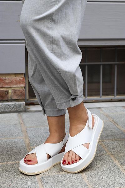 BeBeQ Store Fancy White Women's Sandals with Cross Detail on the Front and Buckle on the Back