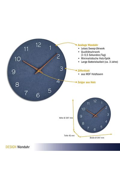 TFA Silent Precision Wooden Analog Wall Clock Minimalist Design Blue 60.3054.06
