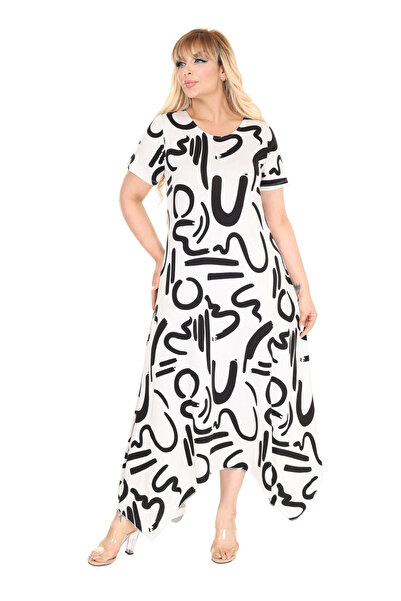 MELSAY Γυναικείο λευκό κοντομάνικο φόρεμα με ασύμμετρο κομμένο σκανδιναβικό σχέδιο σε μεγάλο μέγεθος