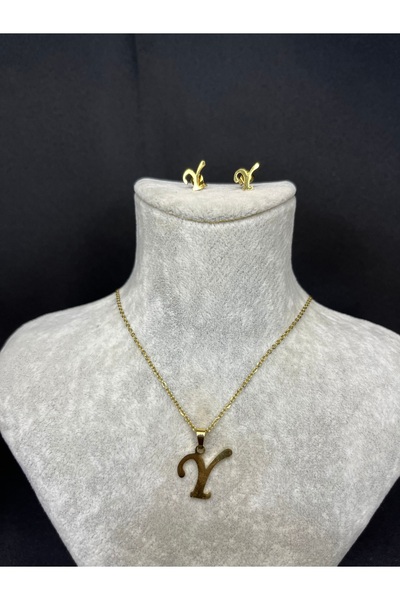 Mos Tespih Y Harfi Gold Çelik Kolye ve Küpe Set