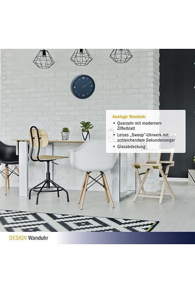 TFA Silent Wall Clock, Analogue, Petrol Blue, Monochrome, Minimalist Design, 60.3056.06