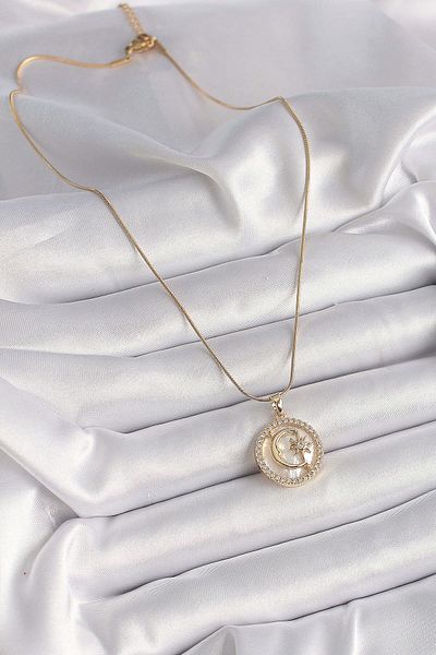 merland benvecocuk 316L Steel Gold Color Chain Zircon Stone Detailed White Pearlescent Moon Star Model Women's Necklace - Lisinya