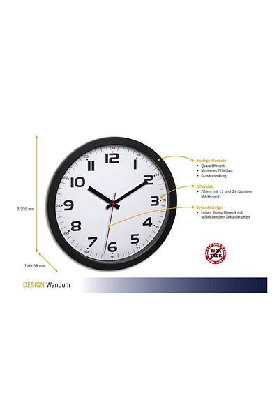 TFA Silent Analogue Wall Clock, With Glass Cover, Large Digits, Black, 60.3050.01