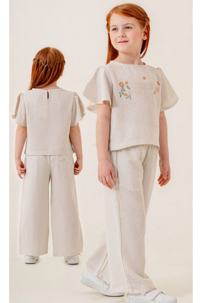 Marka Sensin Kids Cichlid Girl's Linen Custom Floral Printed T-Shirt Linen Wide Leg Pants 2-Piece Set