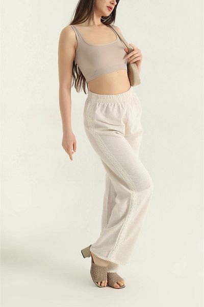 VıoShıne Women's Elastic Waist Laced Linen Trousers