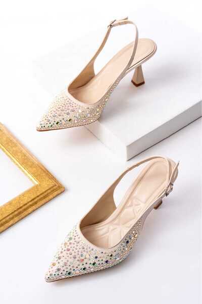 Dericalle shoes Women's Evening Dress Stone Detailed Fabric Pointed Toe Back Open 7cm Heels