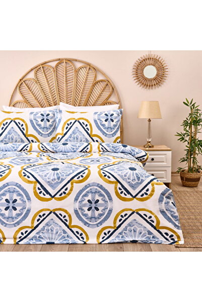 MATMEL Set de lenjerie de pat dublu Soft Lile - Ecru / Albastru