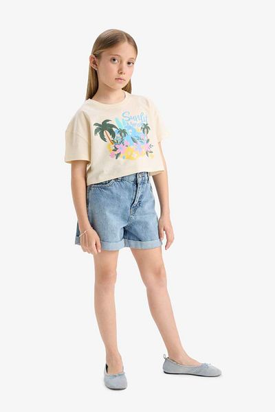 DeFacto Girls' Crop Crew Neck Printed Short Sleeve T-Shirt