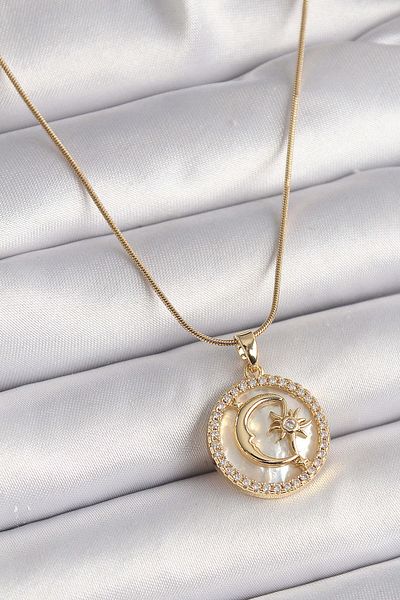merland benvecocuk 316L Steel Gold Color Chain Zircon Stone Detailed White Pearlescent Moon Star Model Women's Necklace - Lisinya