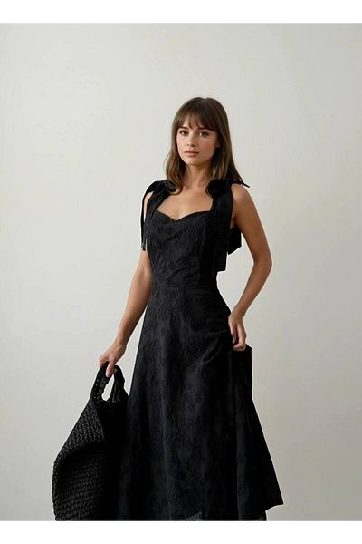 Misscix Women's Evening Dress Motif Embroidered Thick Tie-Up Strap Midi Dress - Evening & Homecoming Dress