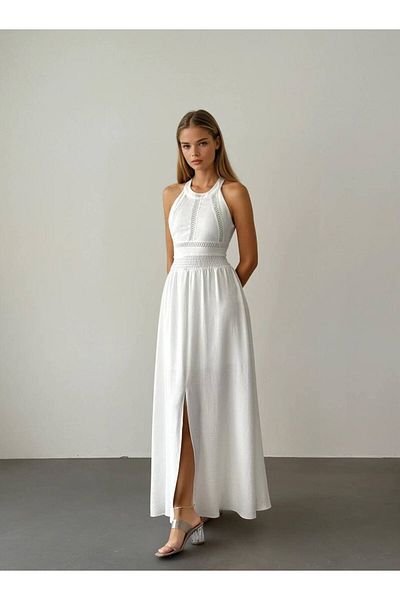 Misscix Women's Evening Dress Halter Neckline Maxi Dress with Motif on the Front and Slit - Evening & Homecoming Dress
