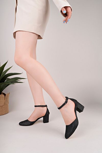MOD10 Black Glitter Women's Heeled Shoes Comfortable Heel Women's Evening Dress Shoes Women's Casual Shoes