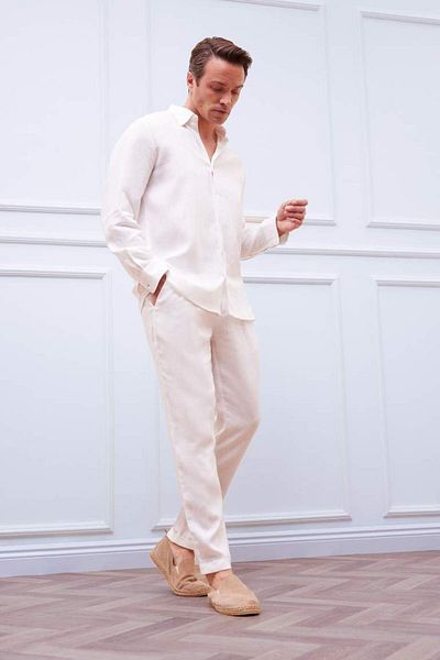 DeFacto New Season 100% Linen Regular Fit Polo Collar Summer Basic Plain Long Sleeve White Shirt