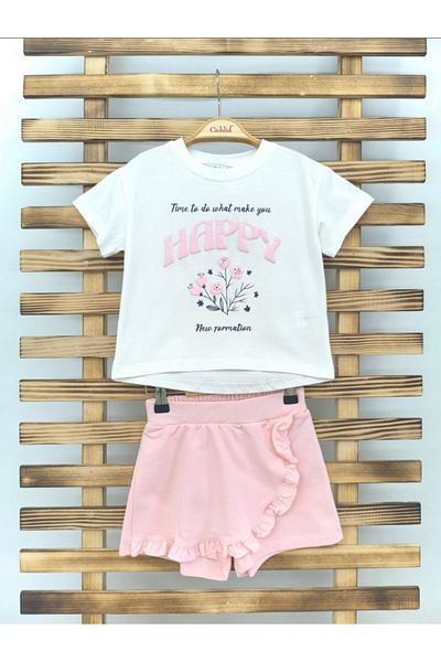 Marka Sensin Kids طقم تي شيرت قصير مطبوع عليه Happy Girl من Cichlid مكون من قطعتين مع تنورة